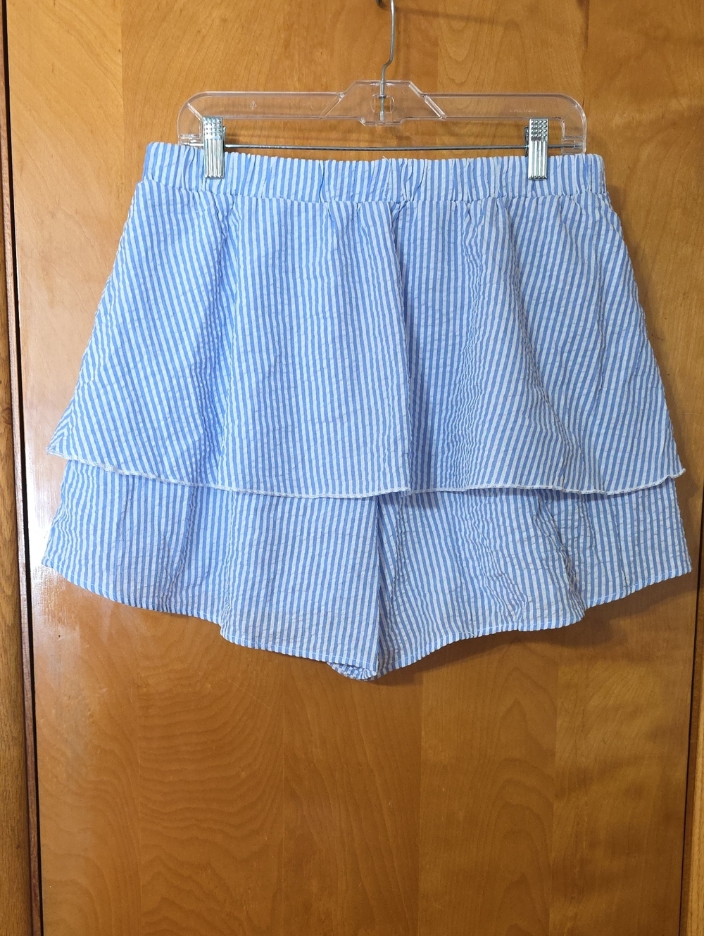 SHEIN CURVE  Light Blue & White Striped Ruffle Layered Skort With Top